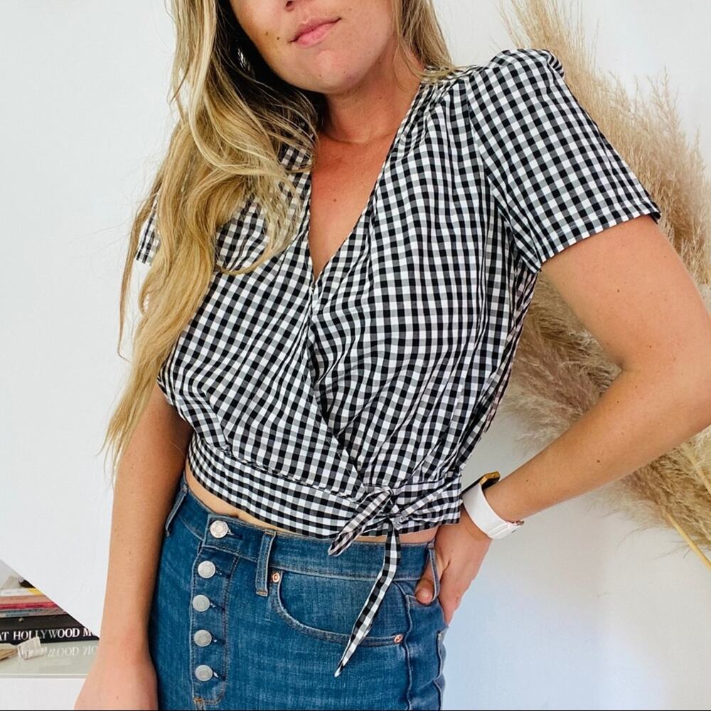 NEW MADEWELL Black White Gingham Check Wrap Side Tie Bow Blouse Top Shirt S